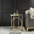 Round Side Table with Circular Gold Frame - White Marble Finish Top