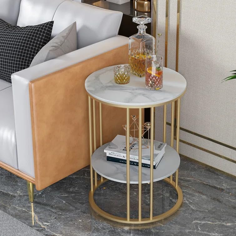 2-Tier Round Side Table with Gold Cage Frame - White Marble Finish Top