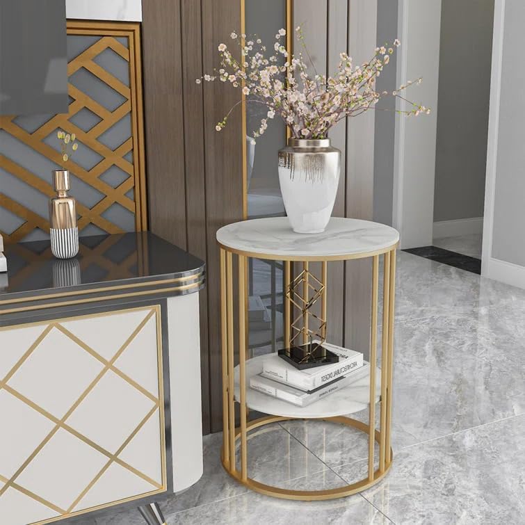 2-Tier Round Side Table with Gold Cage Frame - White Marble Finish Top