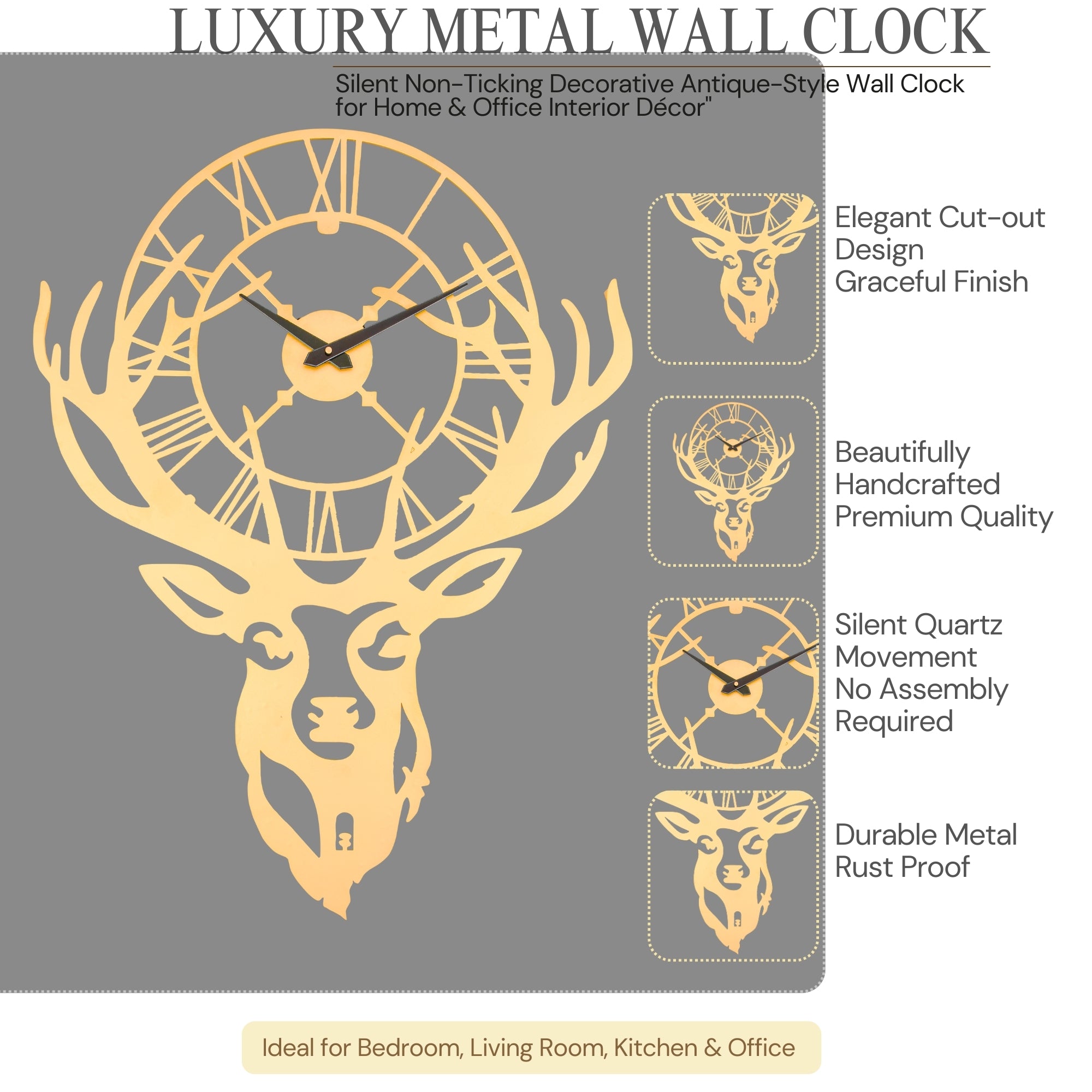 Golden Stag Elegance Wall Clock - Luxury Deer Antler Design