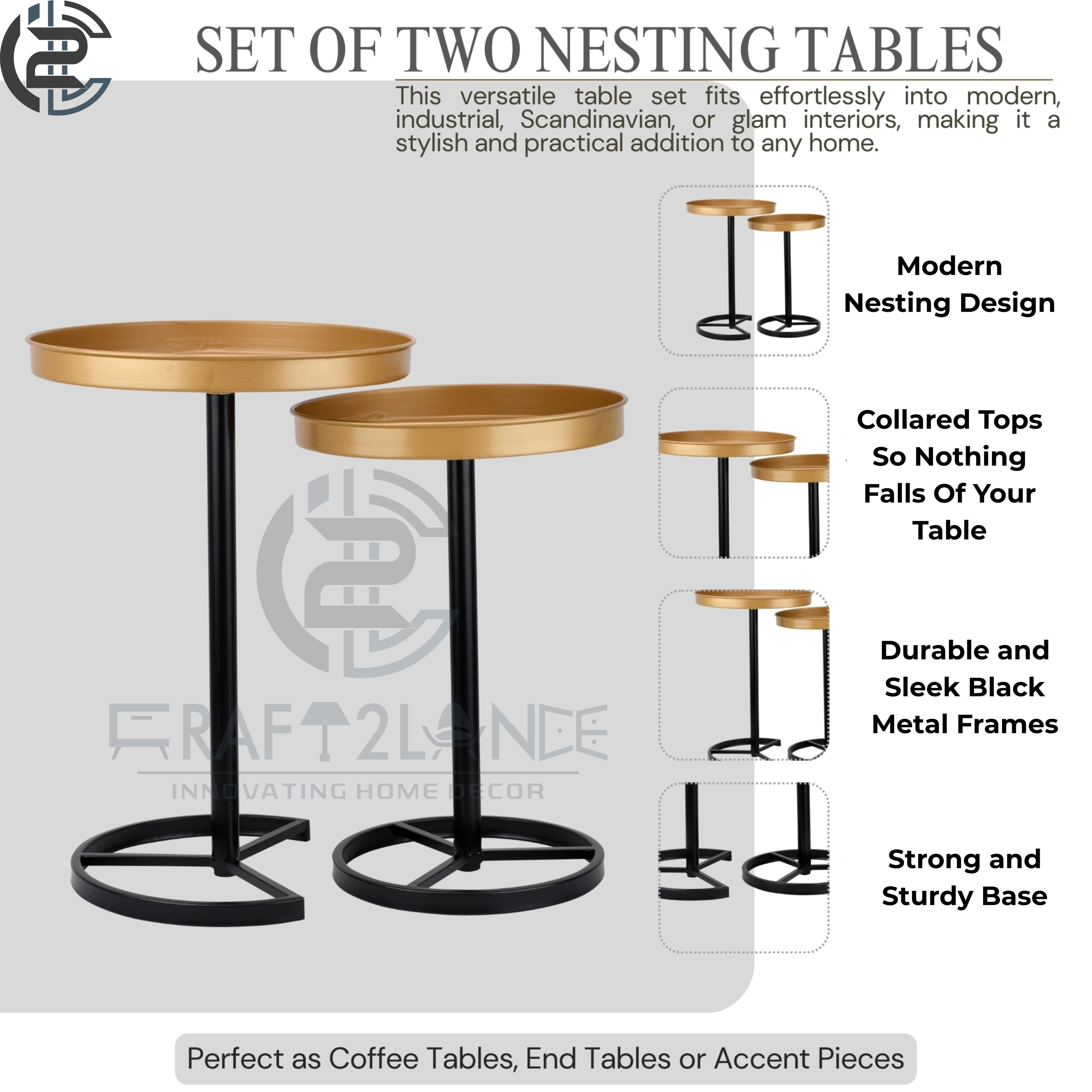 Premium Metal Side Table Set - Gold & Black Sleek Nesting Tables | Craft2lance