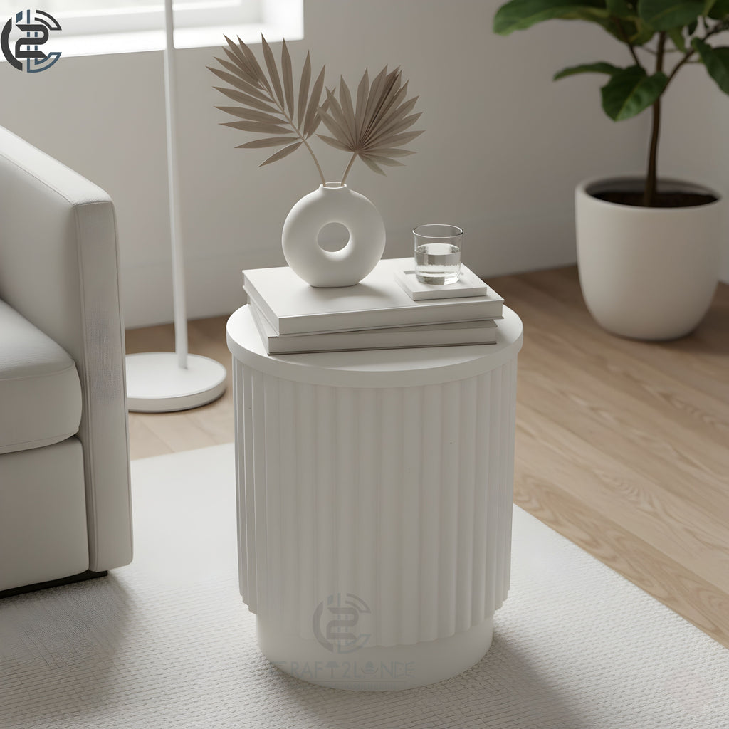 Fluted Metal Side Table White Classic Finish - Round End Table with Storage|Craft2lance