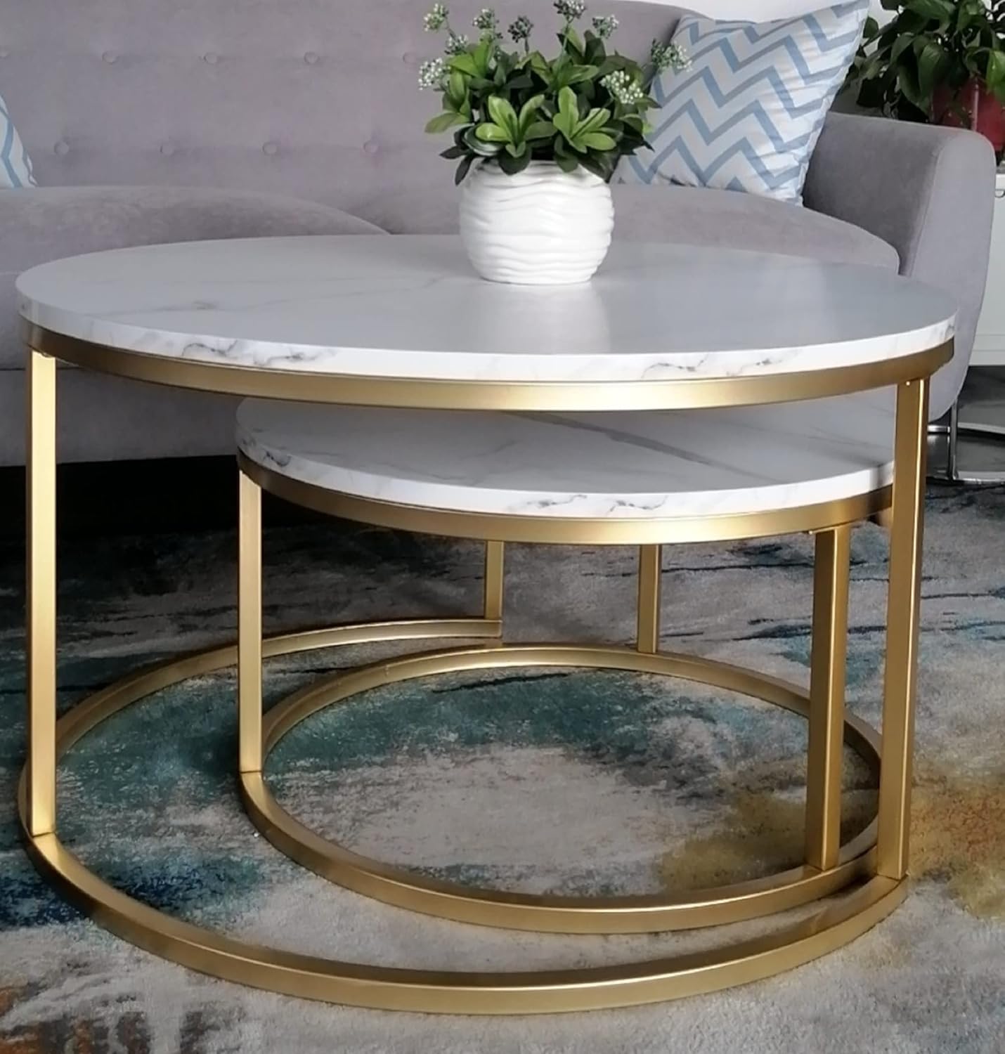 White Round Nesting Tables - Brushed Gold Half-Moon Base