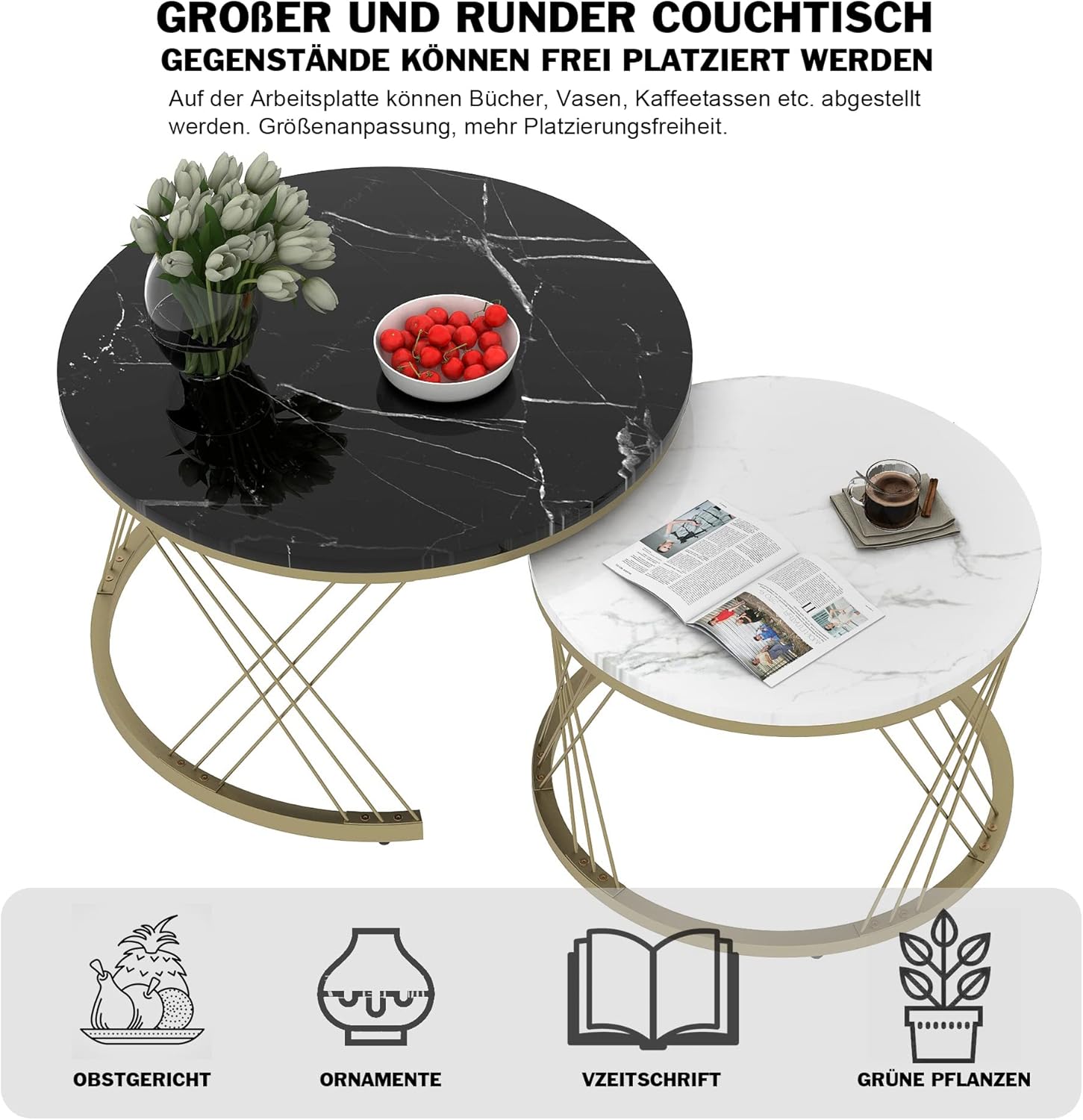 Black & White Marble Nesting Tables - Gold Geometric Wire Frame