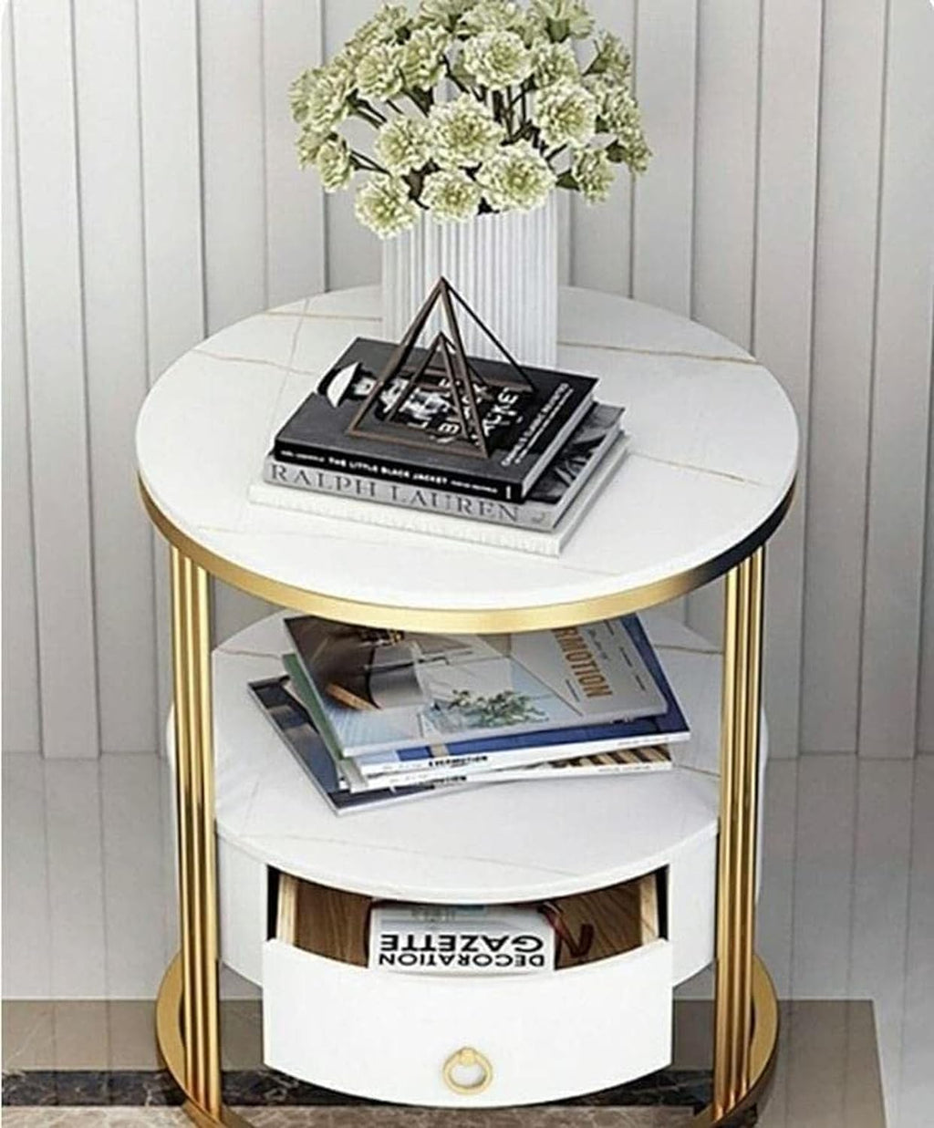 2-Tier Side Table with Storage Drawer - Gold Frame & White Shelves