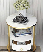 2-Tier Side Table with Storage Drawer - Gold Frame & White Shelves