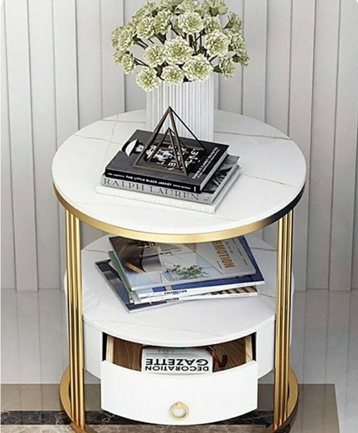 2-Tier Side Table with Storage Drawer - Gold Frame & White Shelves