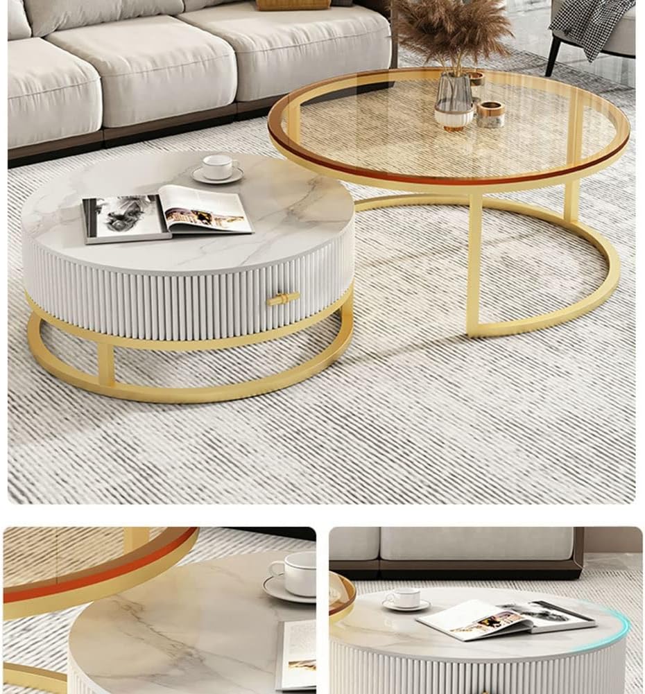 Glass & Marble Nesting Tables - Textured Fluted Storage with Gold Frame