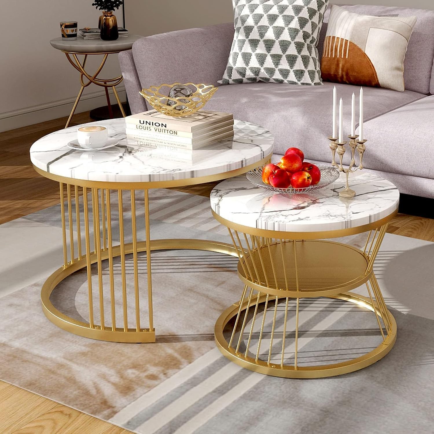 White Marble Nesting Tables - Gold Birdcage Frame | Art Deco Design