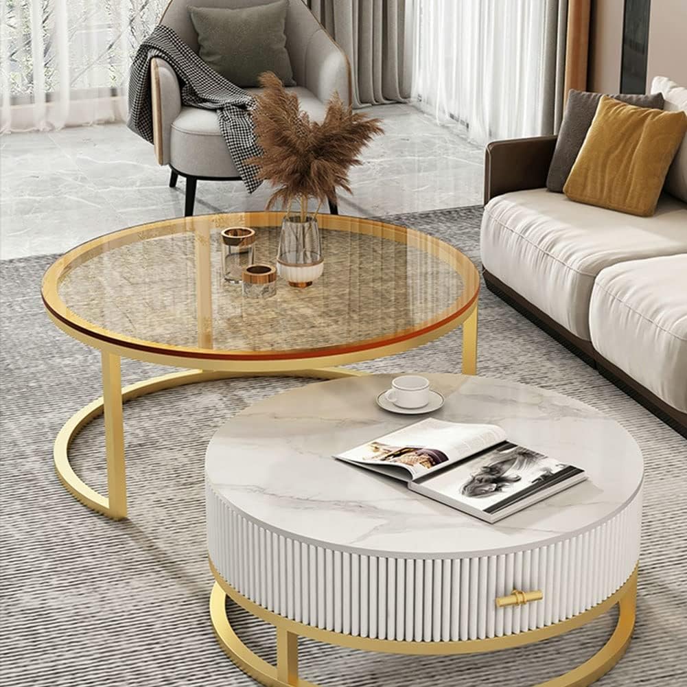 Glass & Marble Nesting Tables - Textured Fluted Storage with Gold Frame