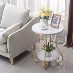 2-Tier Round Side Table with Ornate Gold Legs - White Marble Finish Top