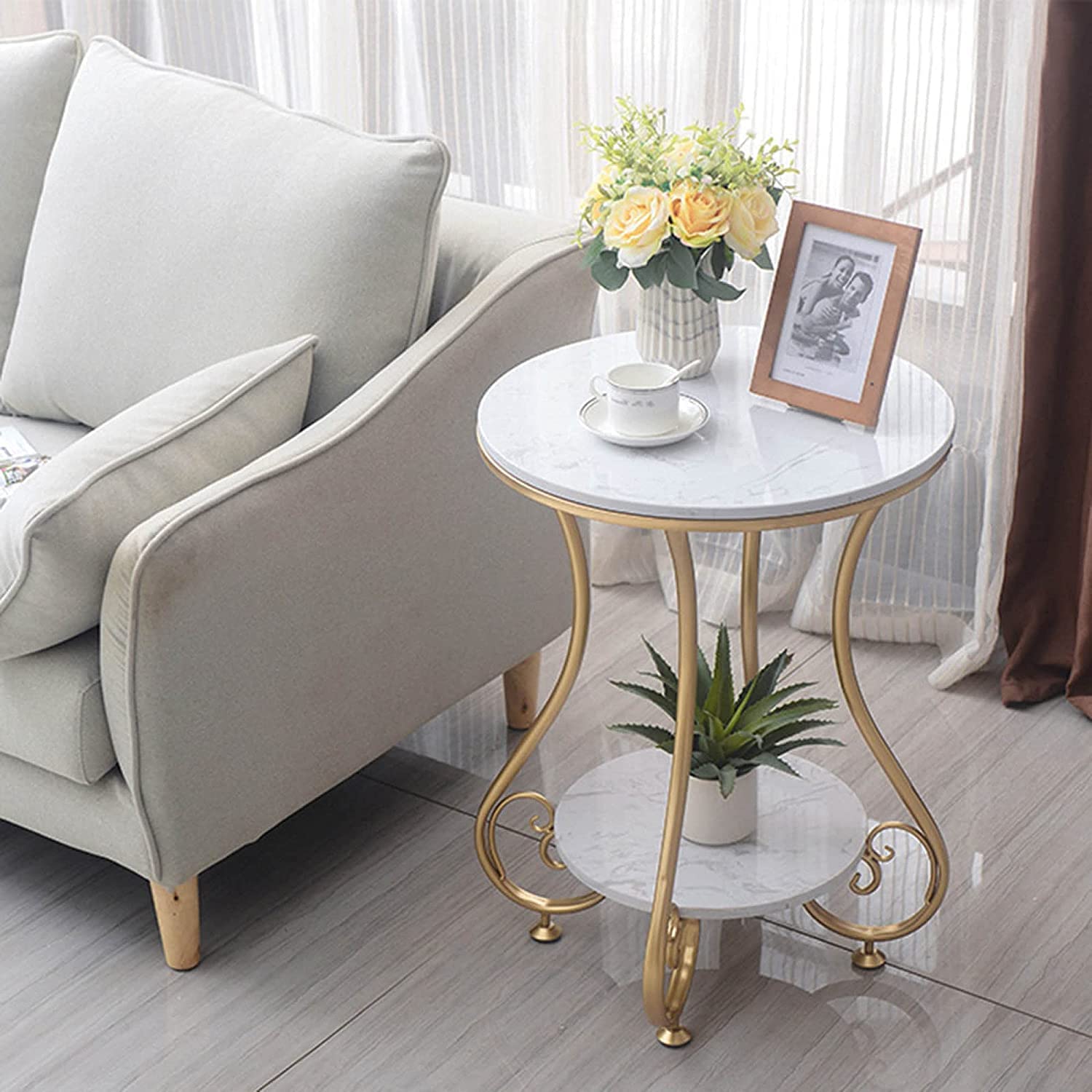 2-Tier Round Side Table with Ornate Gold Legs - White Marble Finish Top