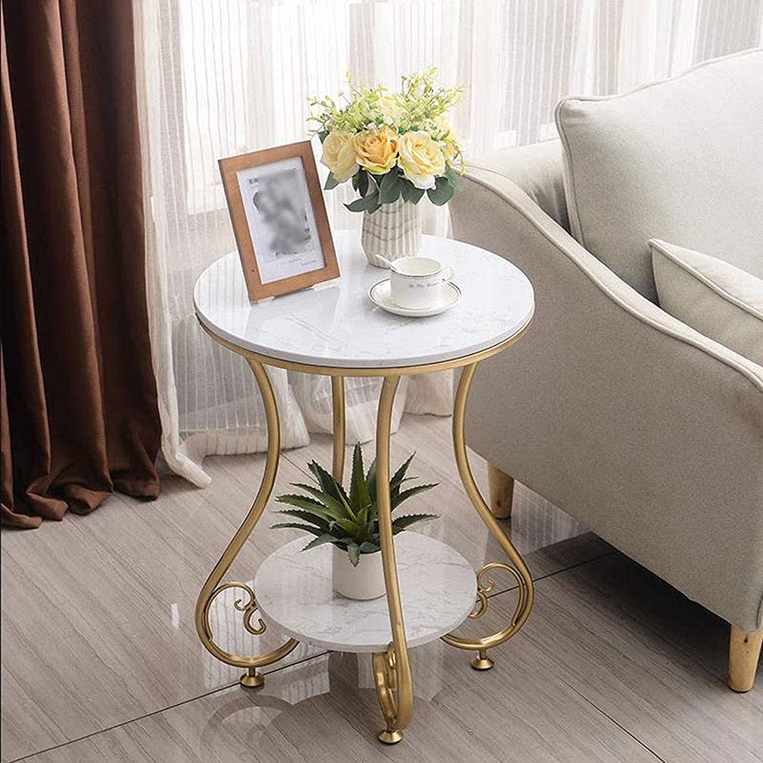 2-Tier Round Side Table with Ornate Gold Legs - White Marble Finish Top