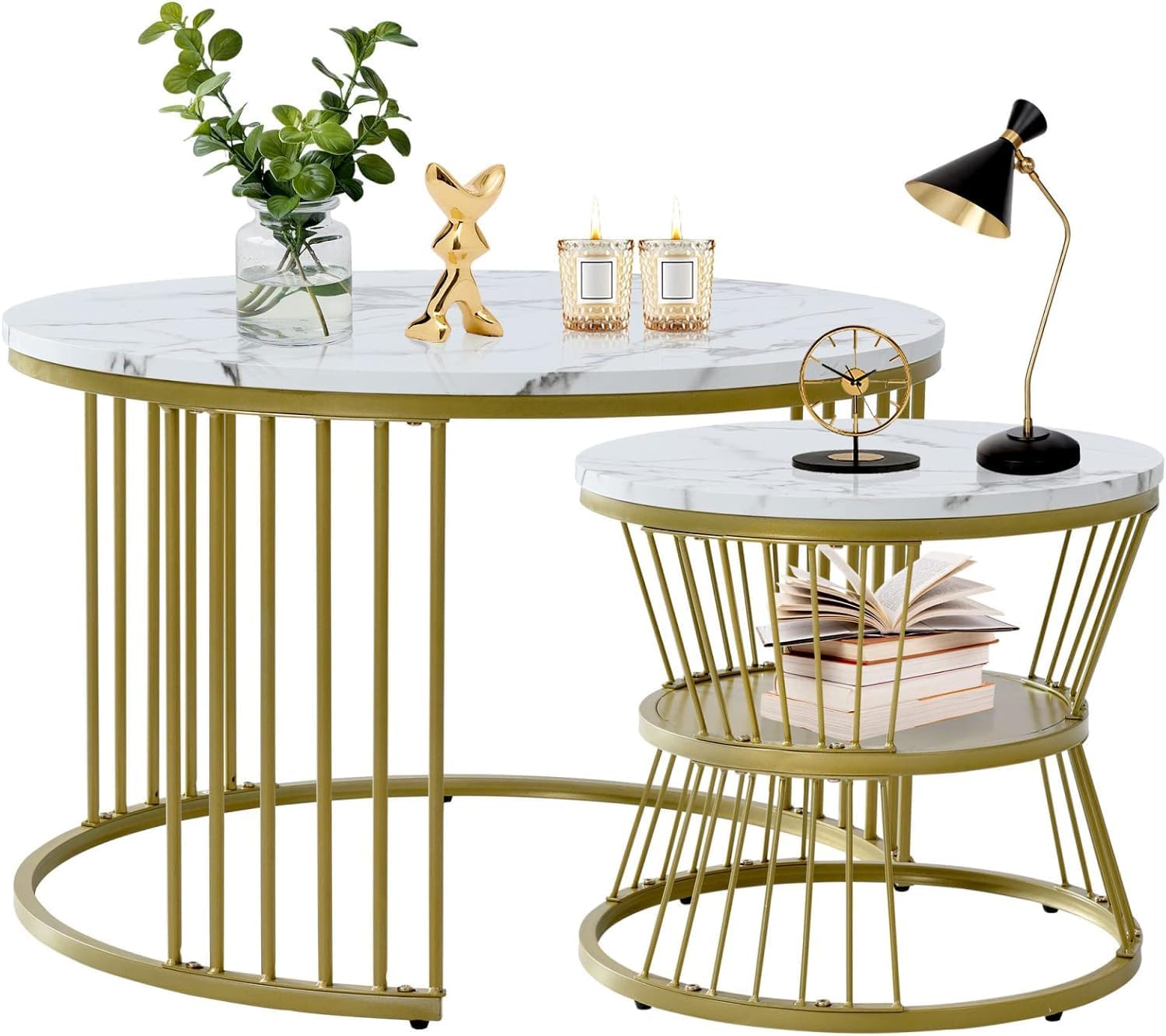 White Marble Nesting Tables - Gold Birdcage Frame | Art Deco Design
