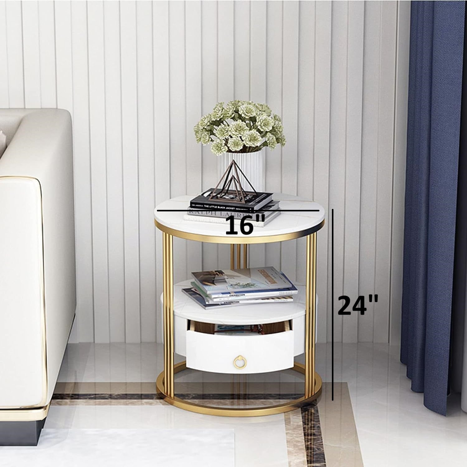 2-Tier Side Table with Storage Drawer - Gold Frame & White Shelves