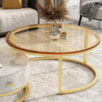 Glass & Marble Nesting Tables - Textured Fluted Storage with Gold Frame
