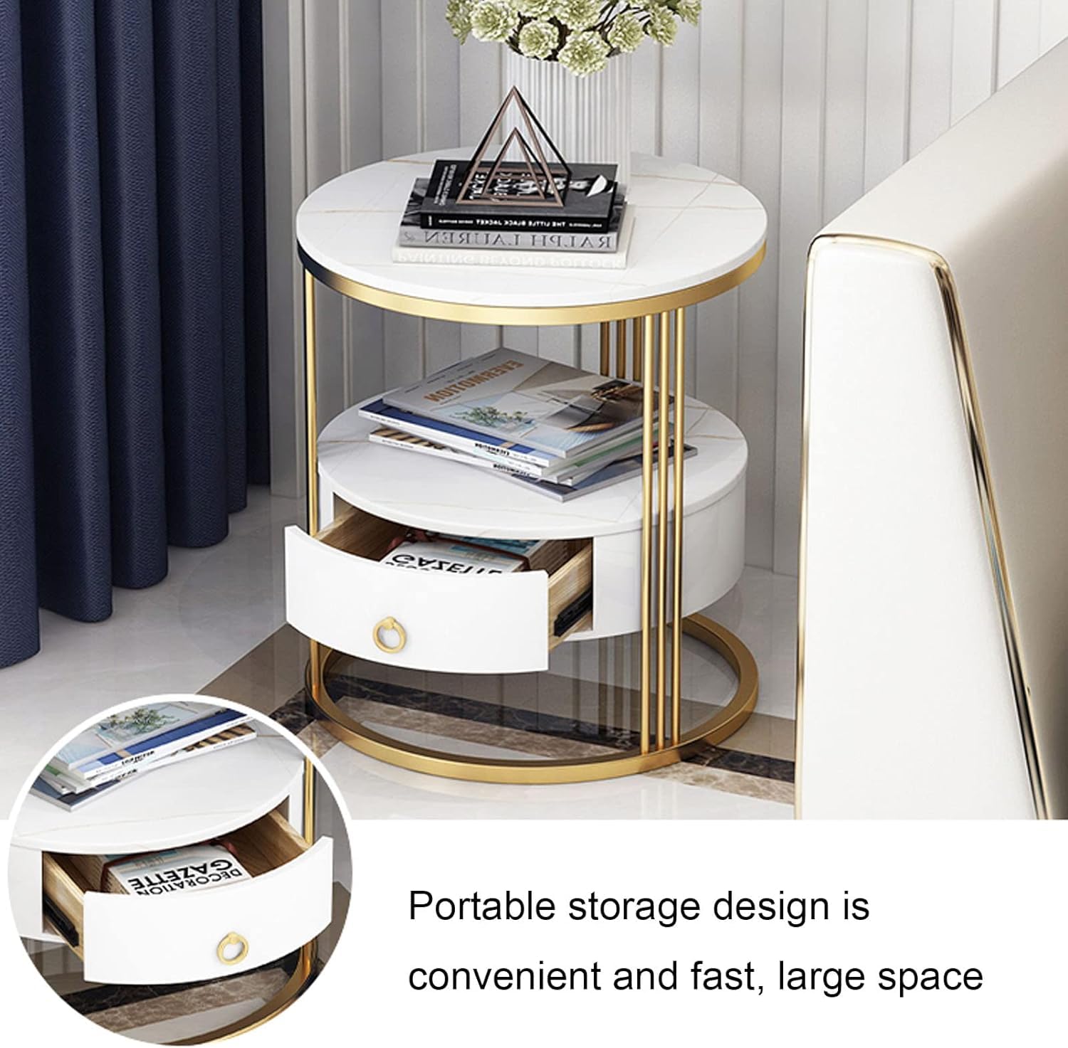 2-Tier Side Table with Storage Drawer - Gold Frame & White Shelves