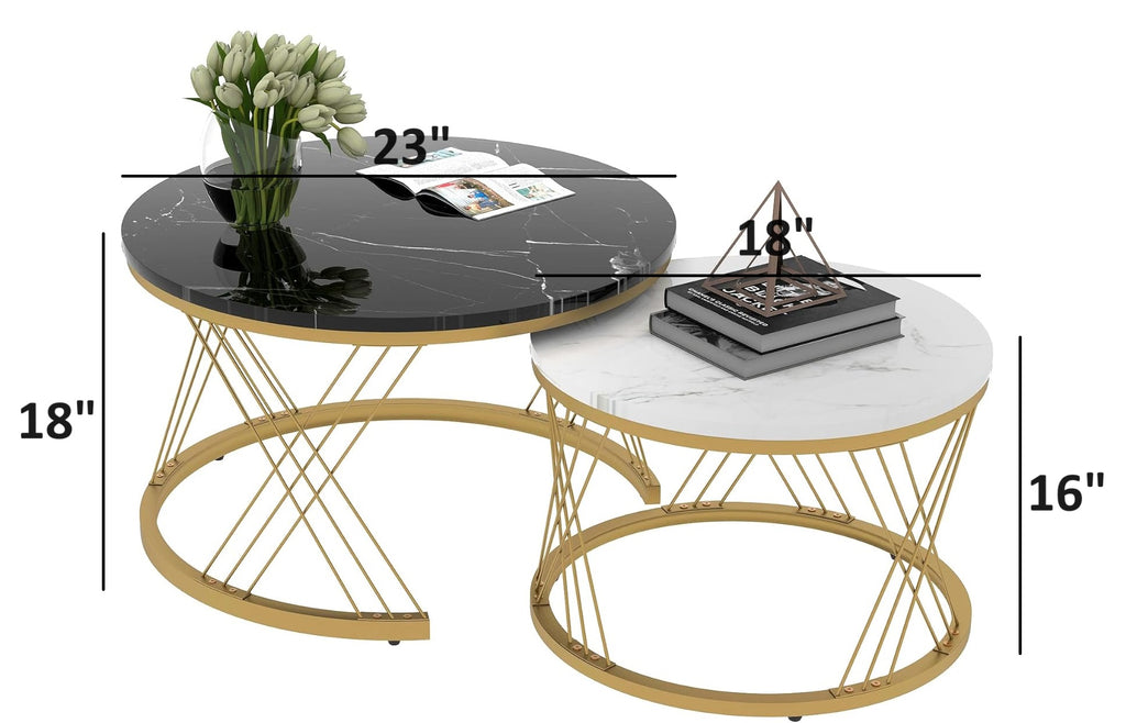 Black & White Marble Nesting Tables - Gold Geometric Wire Frame