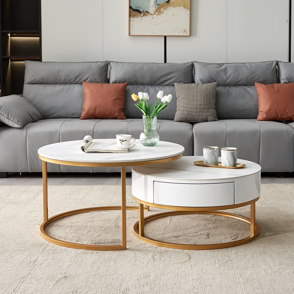 The Elevation Set - Tiered Nesting Tables with Hidden Drawer & Gold Arc Frame