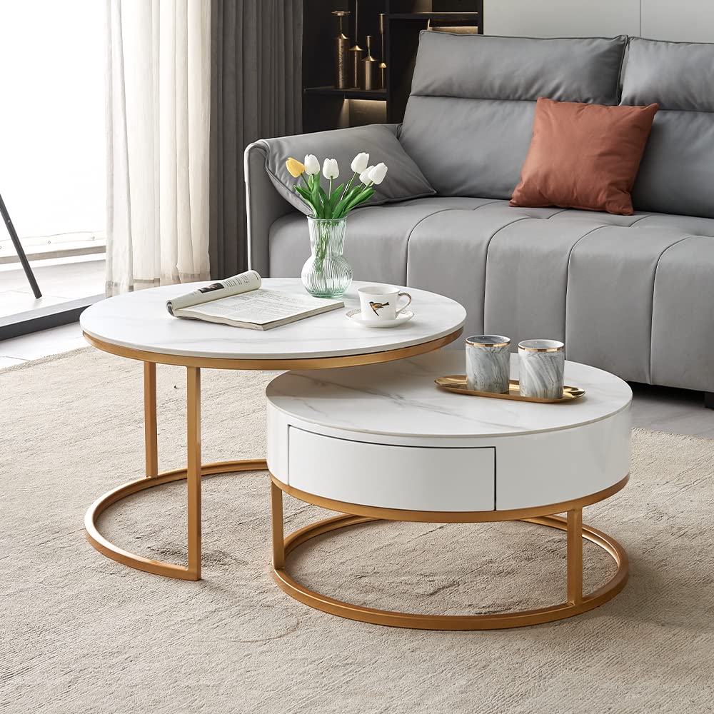 The Elevation Set - Tiered Nesting Tables with Hidden Drawer & Gold Arc Frame