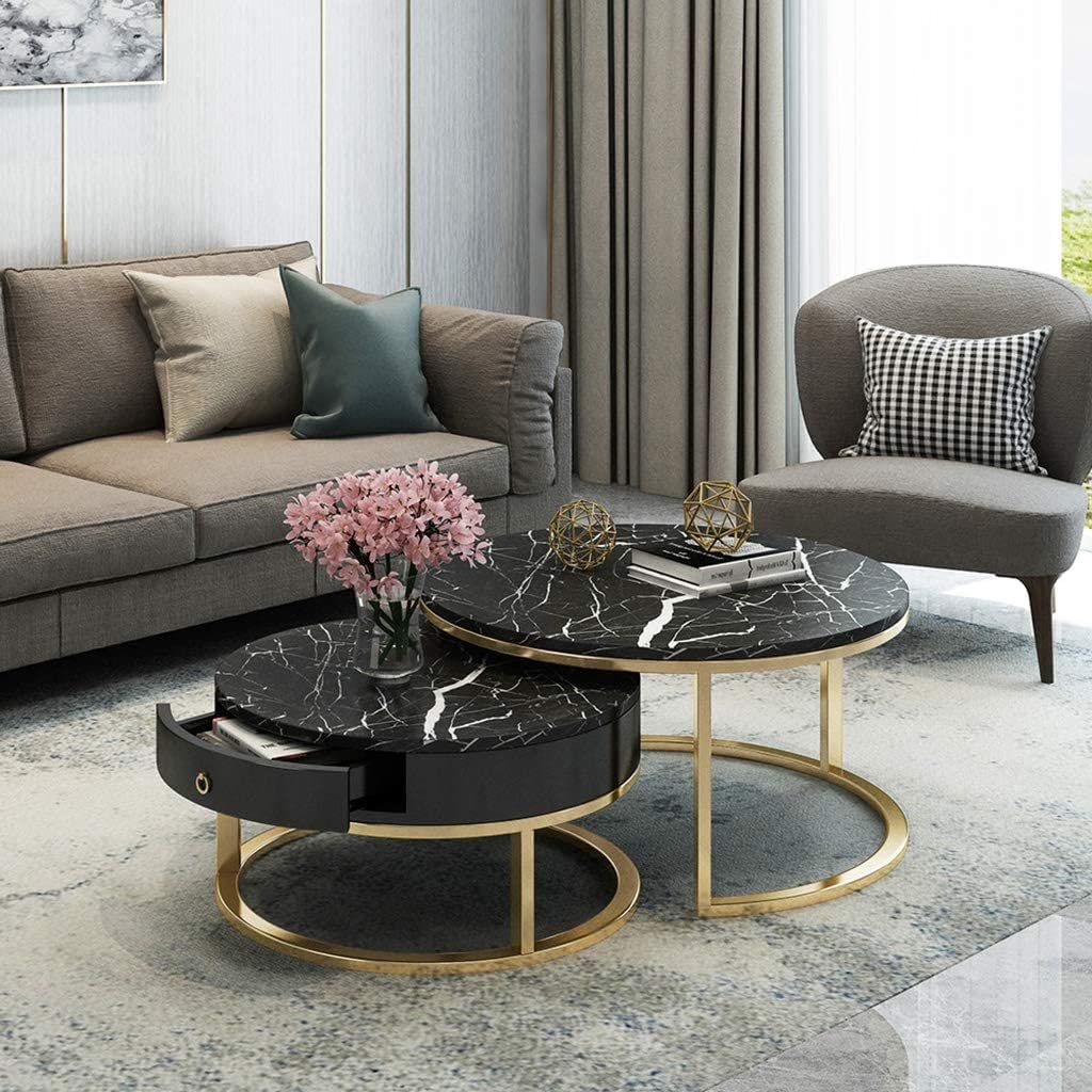 Black Top Nesting Tables - Scalloped Edge with Gold Arc Frame