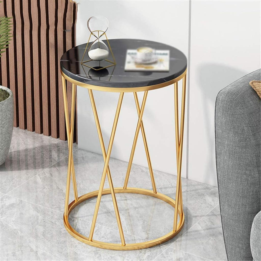 Round Side Table with Geometric Gold Frame - Black Marble Finish Top