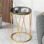Round Side Table with Geometric Gold Frame - Black Marble Finish Top
