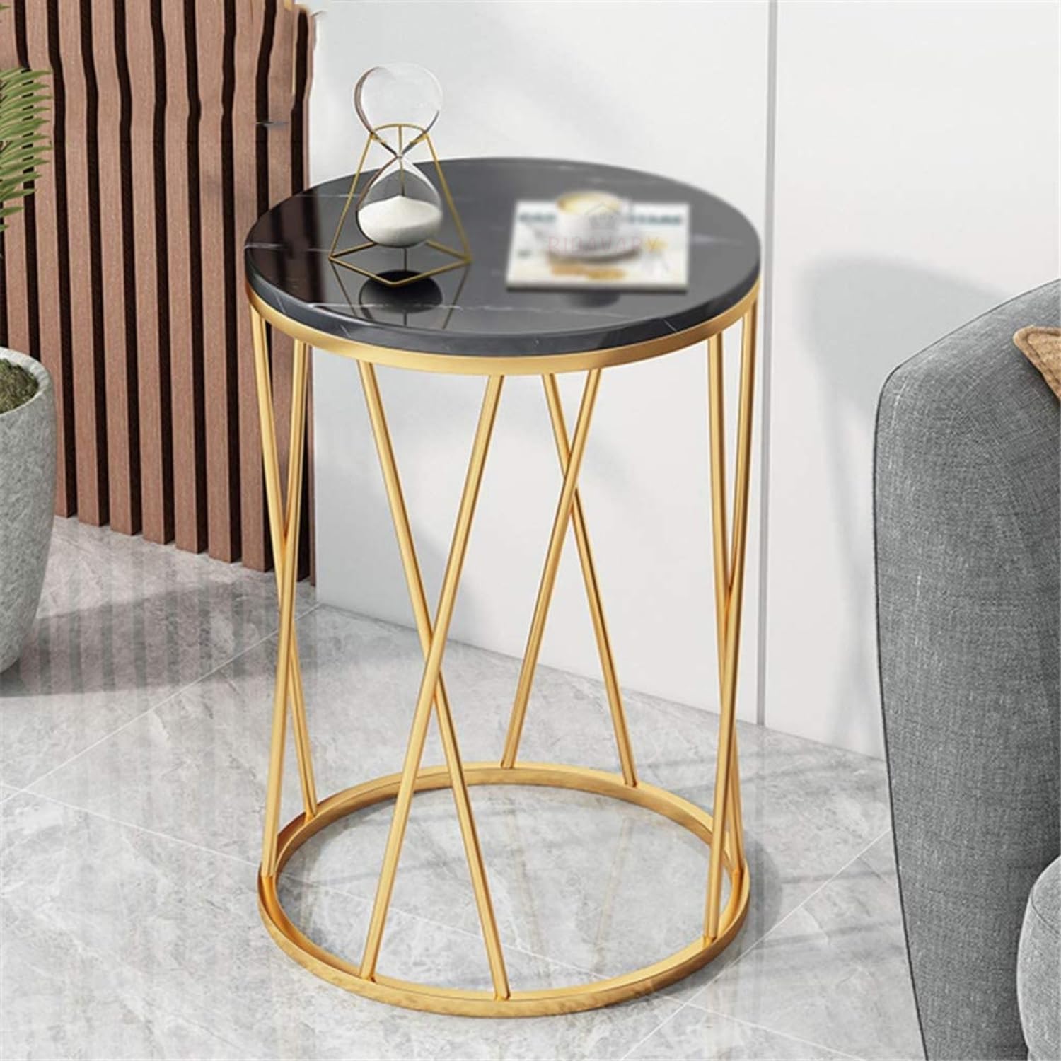 Round Side Table with Geometric Gold Frame - Black Marble Finish Top