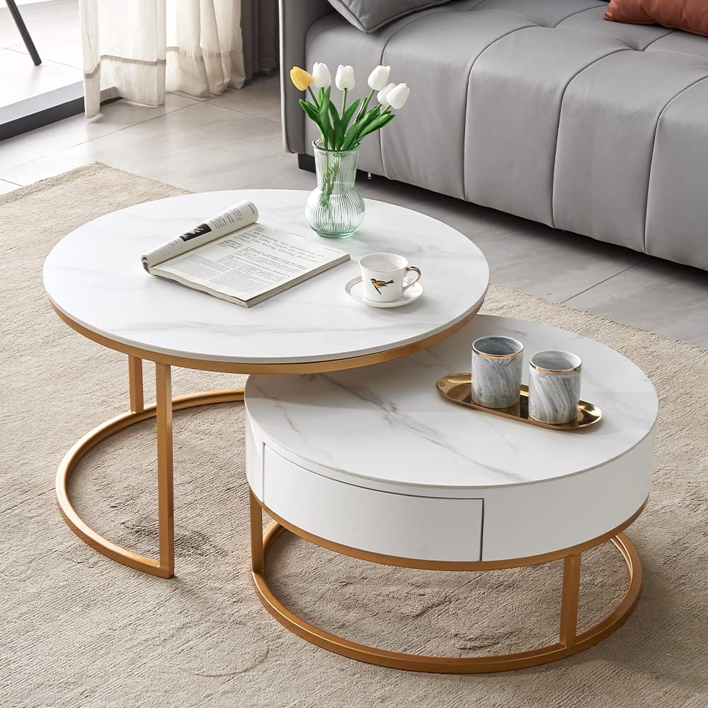 The Elevation Set - Tiered Nesting Tables with Hidden Drawer & Gold Arc Frame