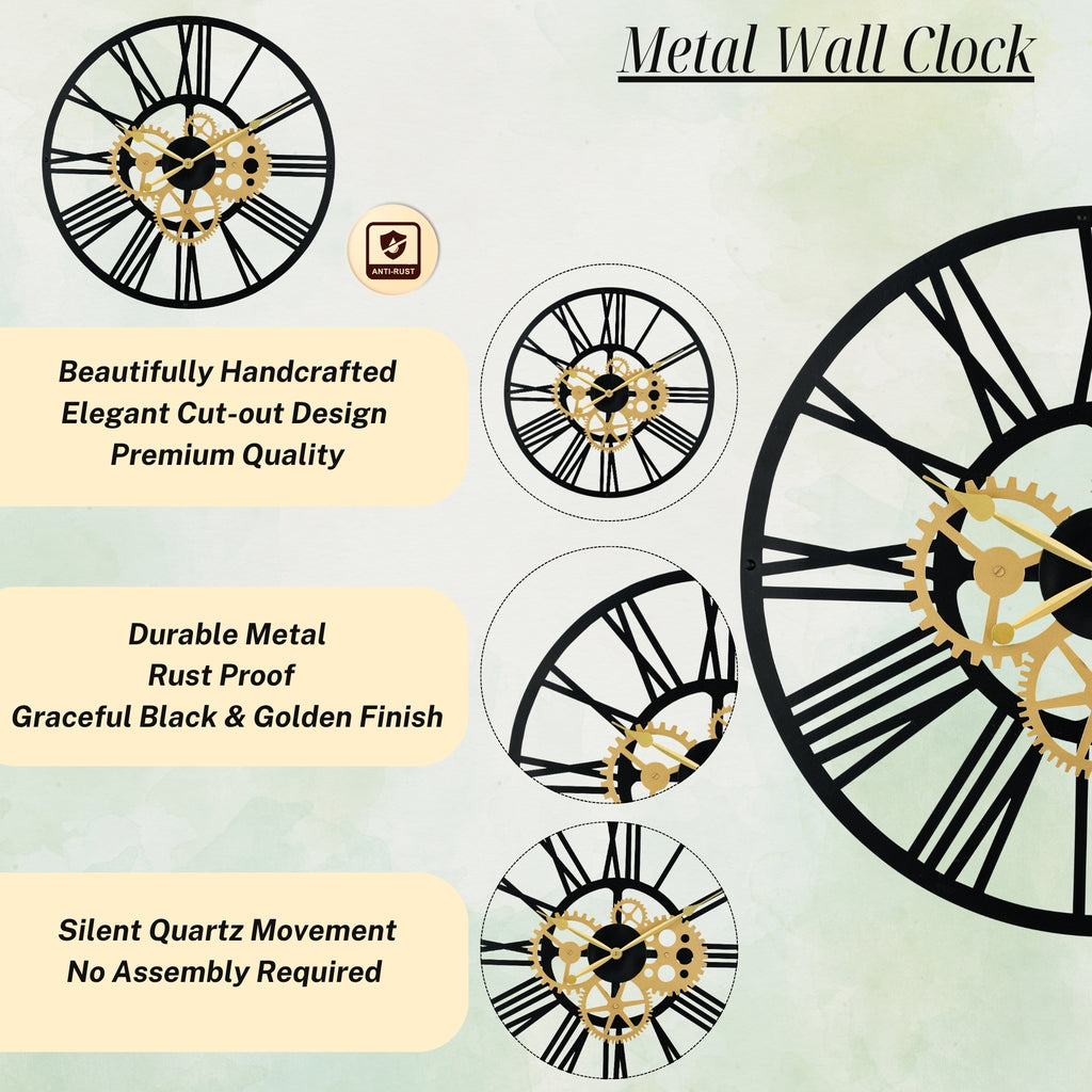 Golden Cogwheel Roman Numeral Clock