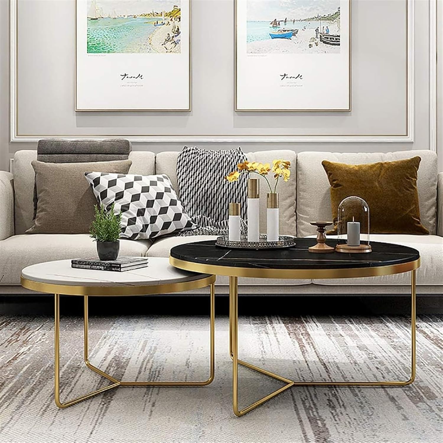 Eclipse Pair - Black & White Round Nesting Tables with Gold X-Frame Base