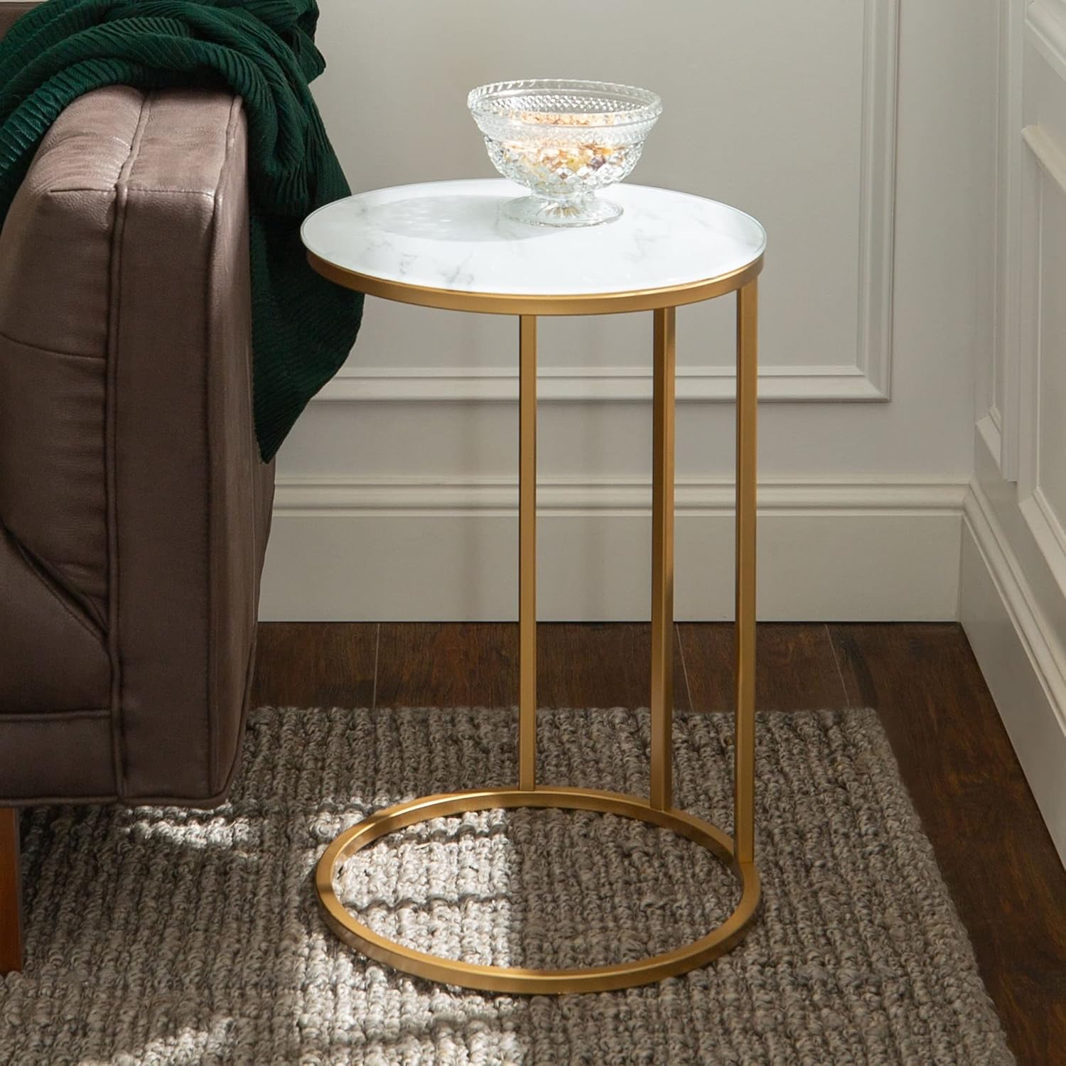 Round Side Table with White Marble Finish Top - Gold Metal Frame