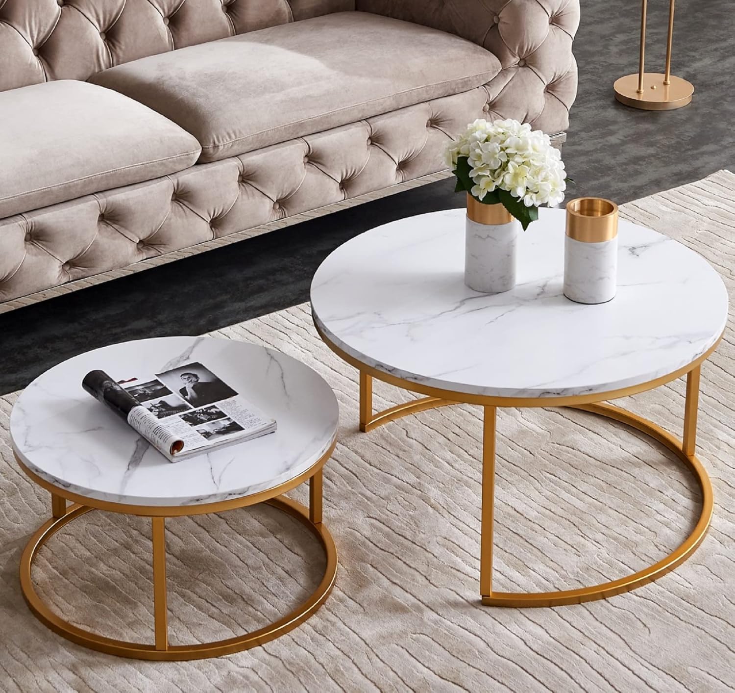 White Round Nesting Tables - Brushed Gold Half-Moon Base
