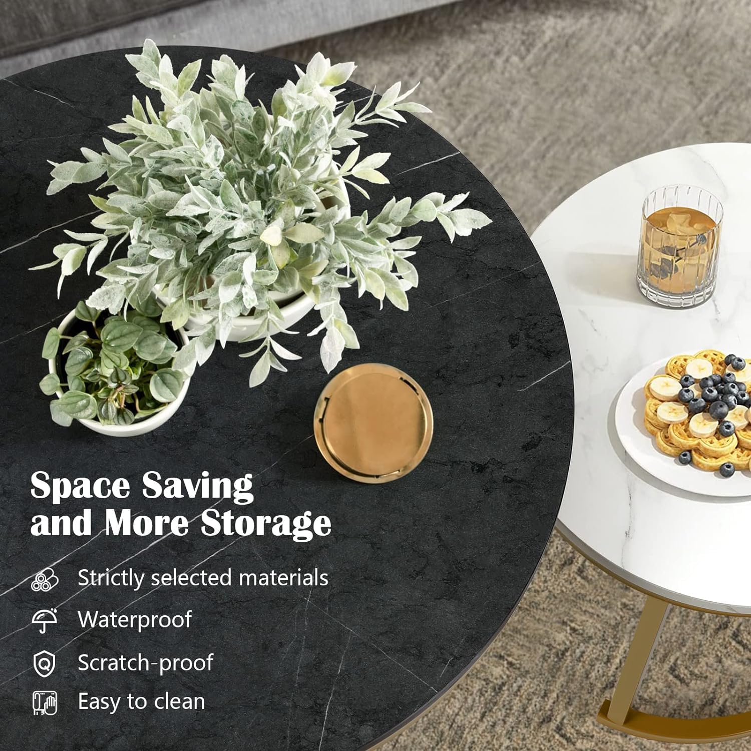 White Round Nesting Tables - Brushed Gold Half-Moon Base