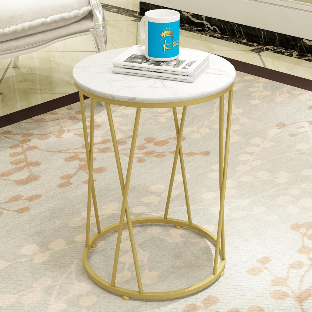 Round Side Table with Geometric Gold Frame - White Marble Finish Top