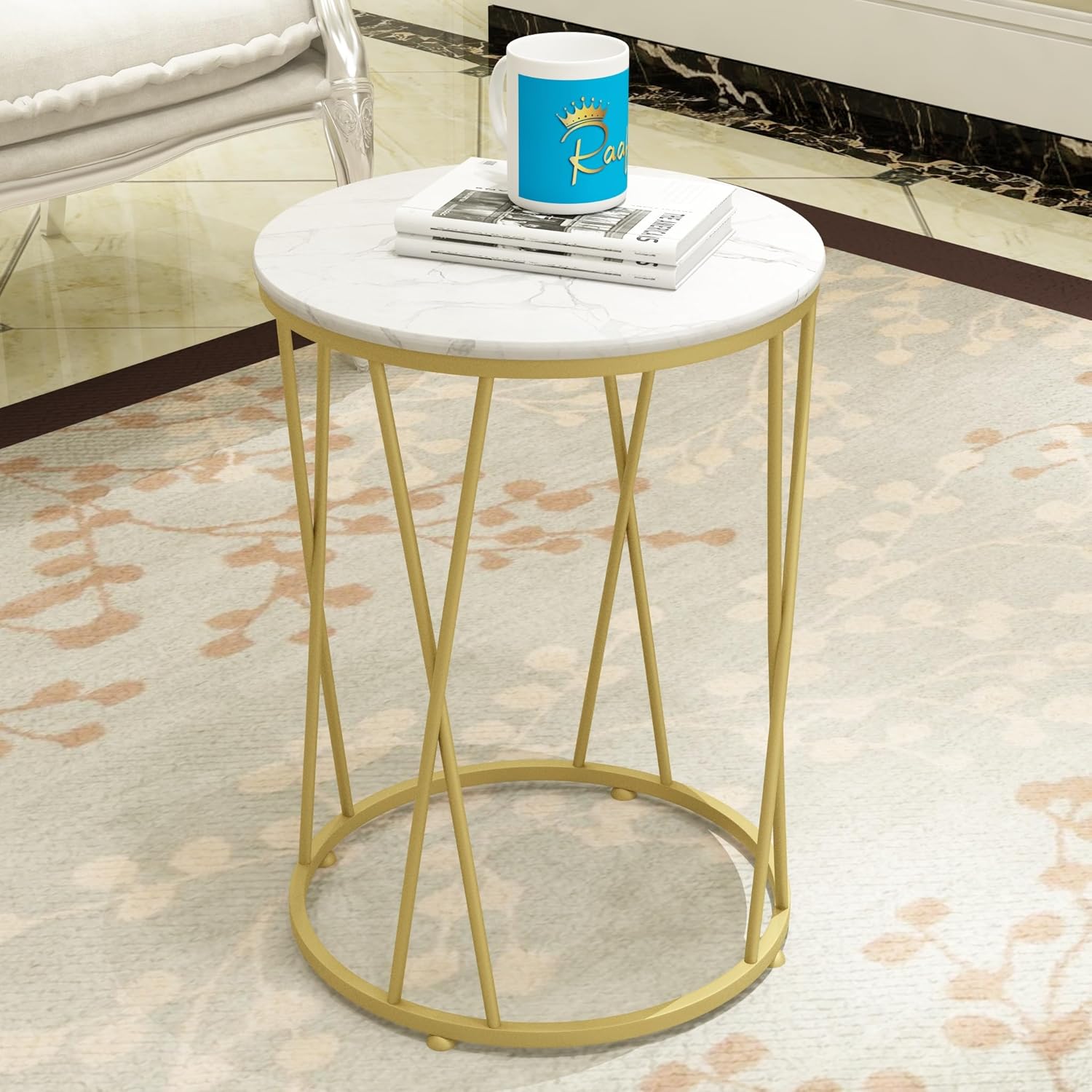 Round Side Table with Geometric Gold Frame - White Marble Finish Top