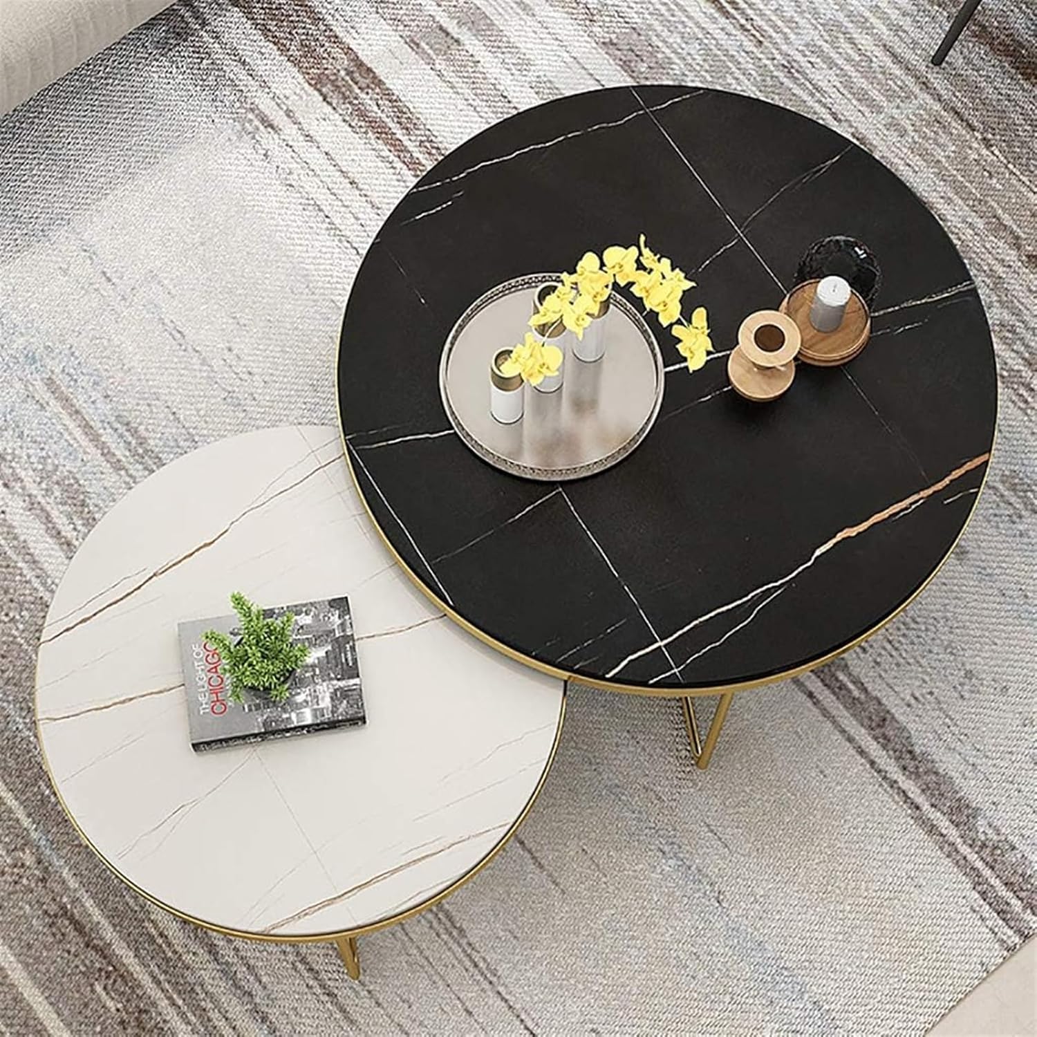Eclipse Pair - Black & White Round Nesting Tables with Gold X-Frame Base
