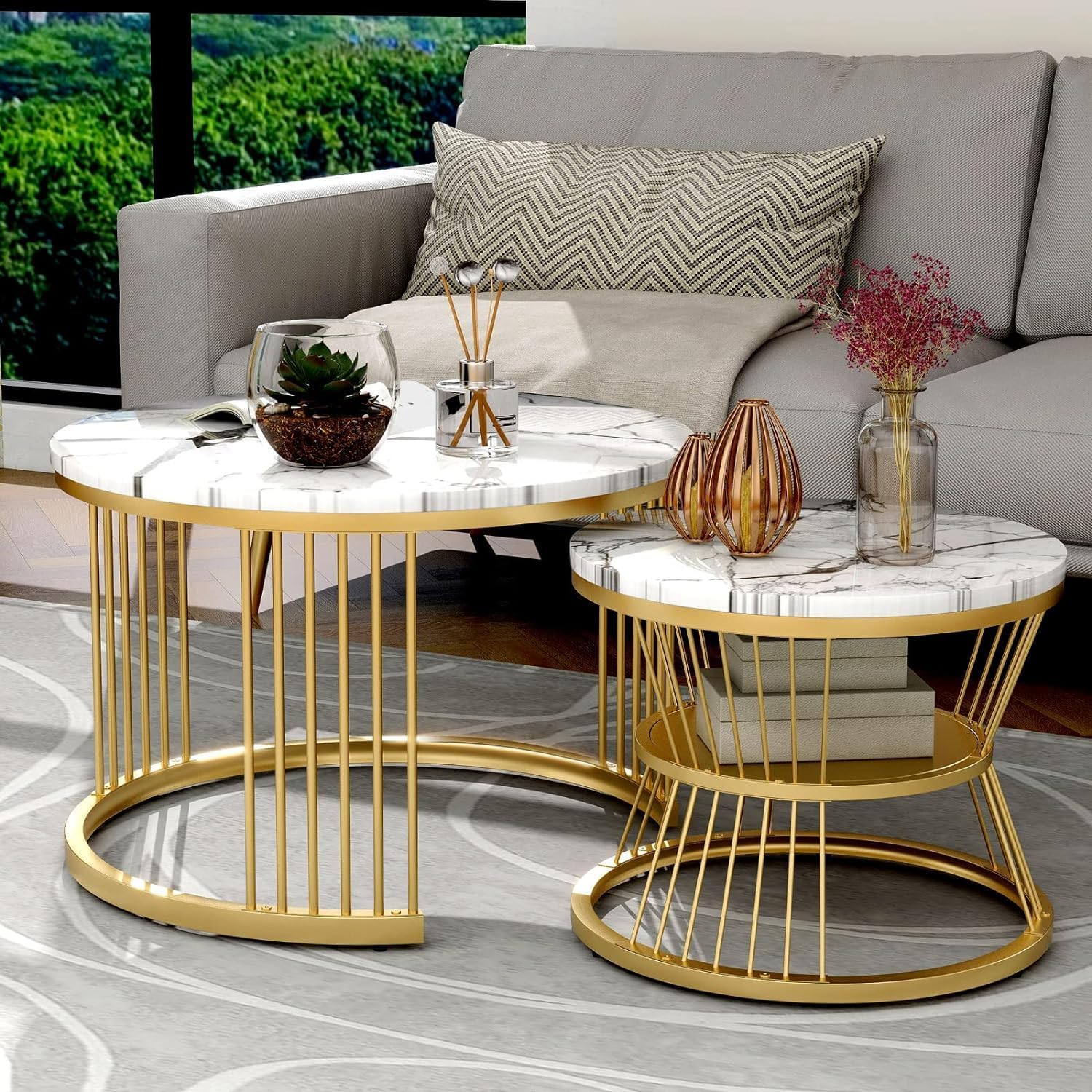 White Marble Nesting Tables - Gold Birdcage Frame | Art Deco Design