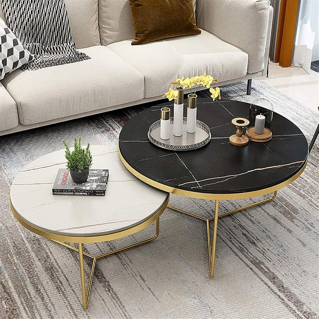 Eclipse Pair - Black & White Round Nesting Tables with Gold X-Frame Base