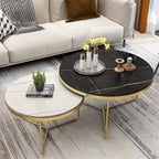 Eclipse Pair - Black & White Round Nesting Tables with Gold X-Frame Base