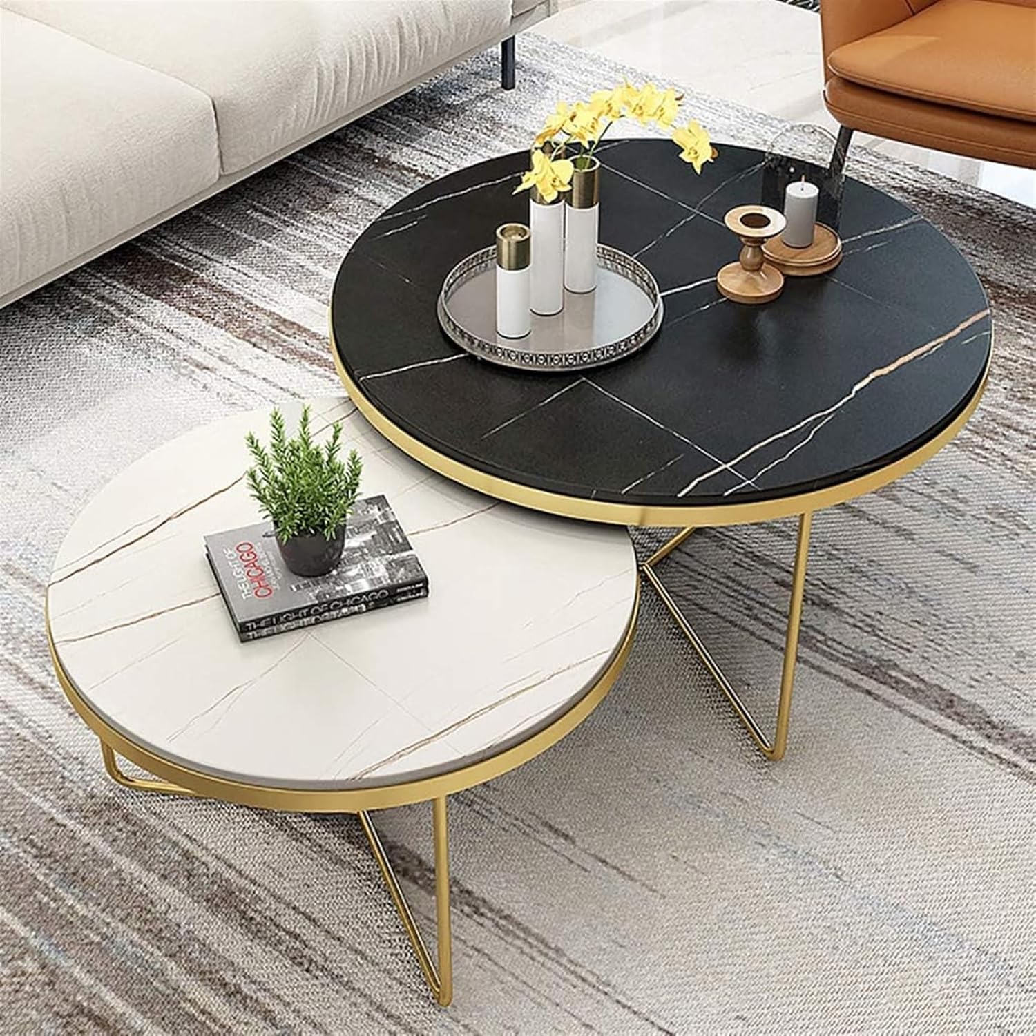 Eclipse Pair - Black & White Round Nesting Tables with Gold X-Frame Base