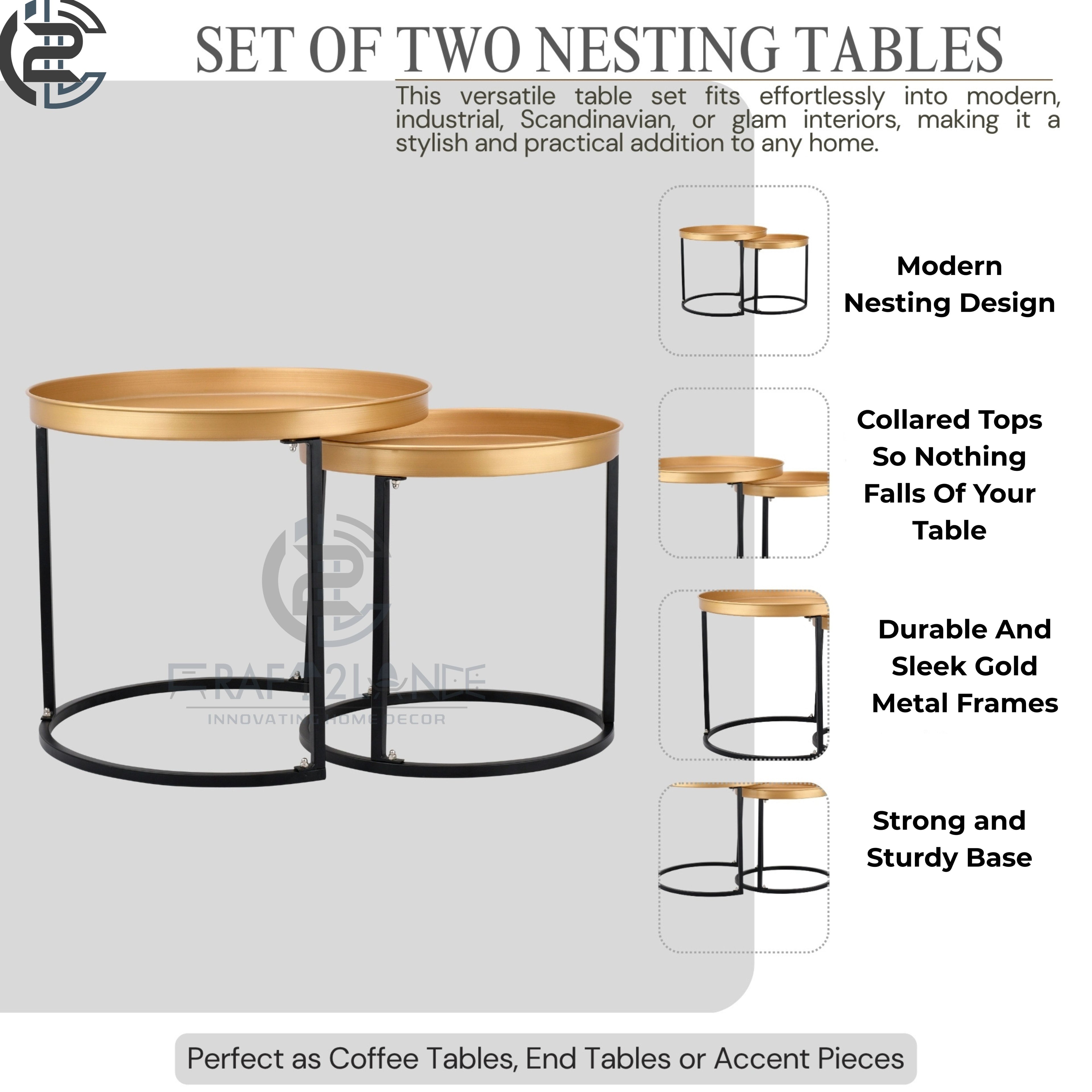 Gold Nesting Tables Set - Round Metal Center Tables with Black Frame