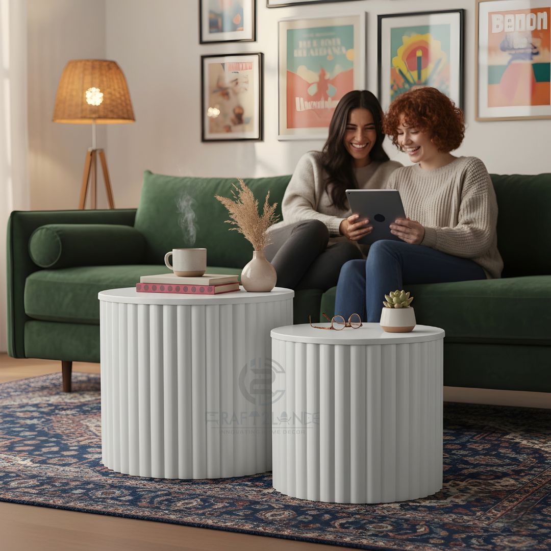 Luxe Ribbed Metal Coffee Table Duo With Storage - Premium Tables | Craft2lance