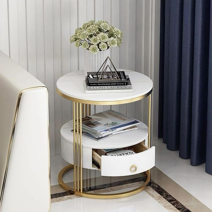 2-Tier Side Table with Storage Drawer - Gold Frame & White Shelves