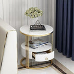 2-Tier Side Table with Storage Drawer - Gold Frame & White Shelves