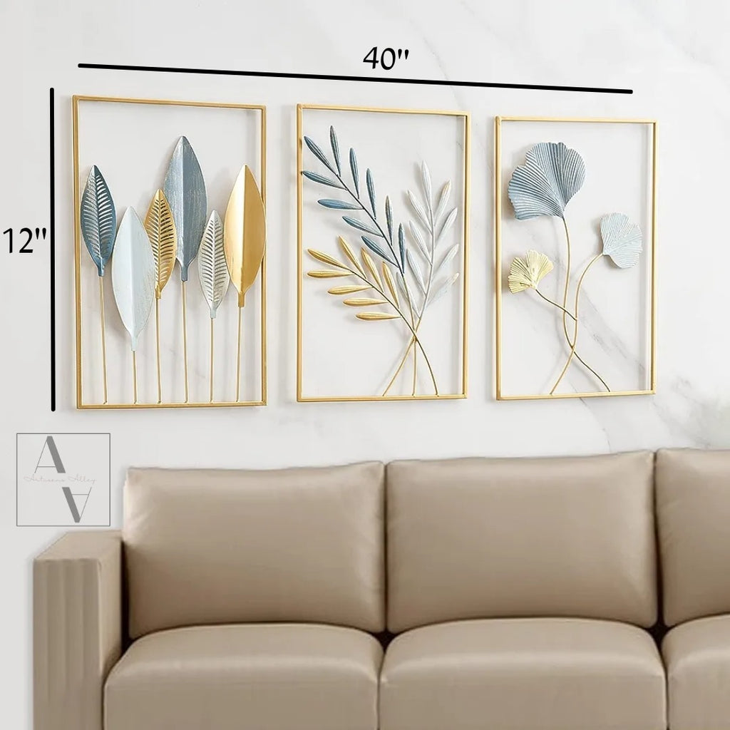 Bamboo Leaves Set Of 3 Framed Metal Wall Art
