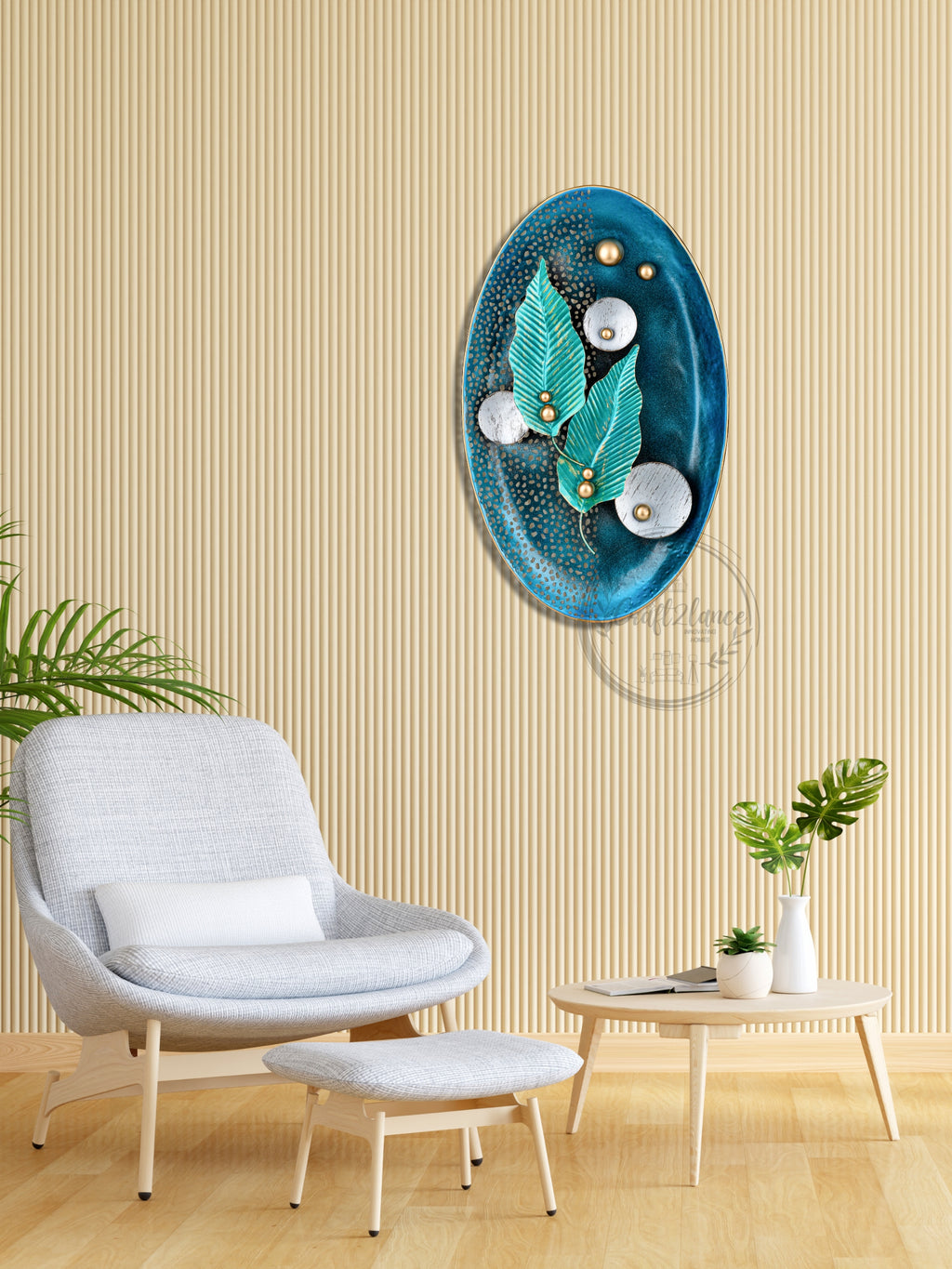 Elegant Blue Tray Peepal Leaves Metal Wall Art