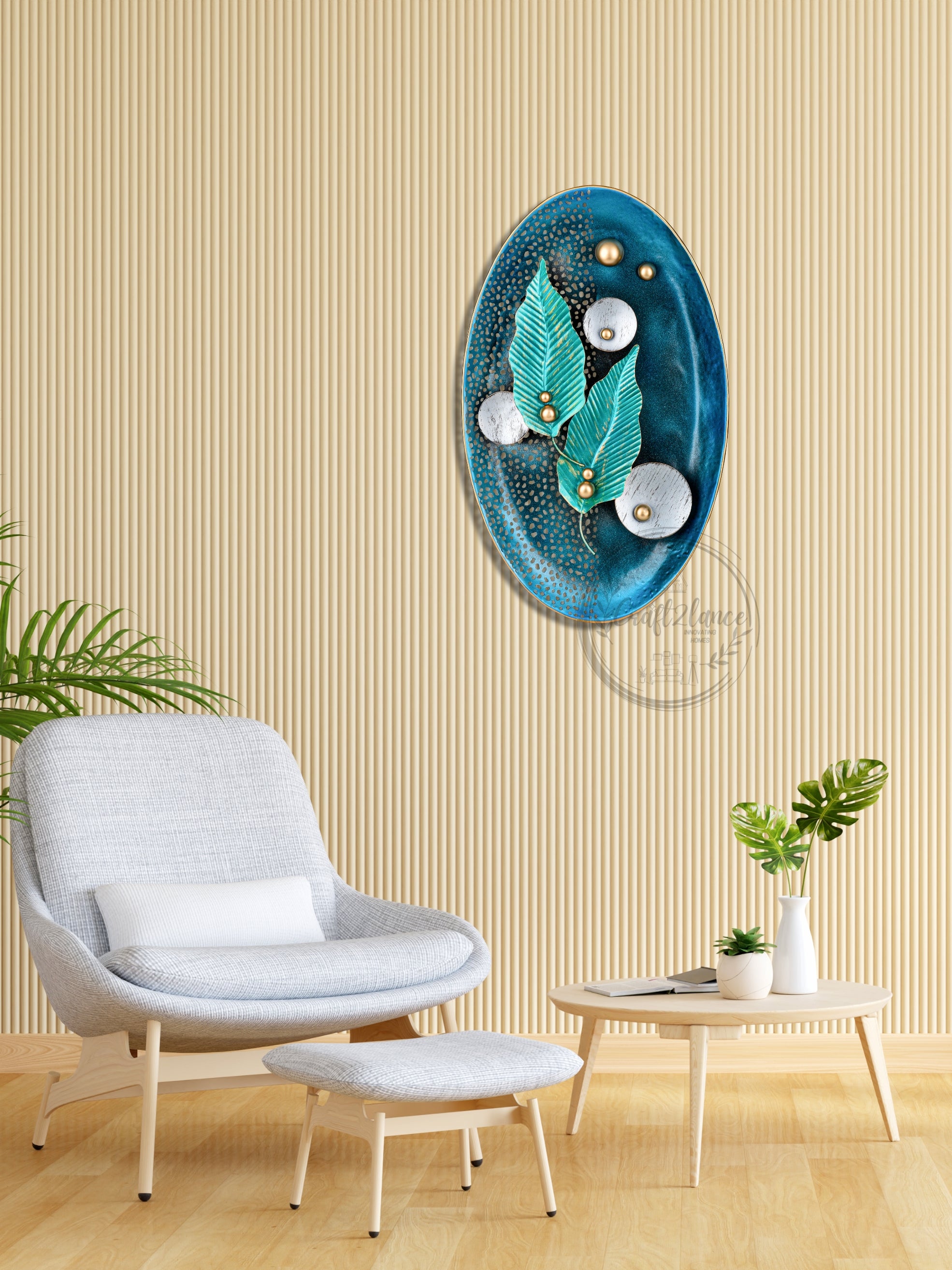 Elegant Blue Tray Peepal Leaves Metal Wall Art