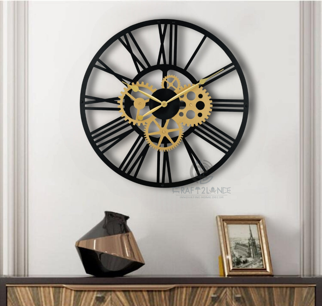 Golden Cogwheel Roman Numeral Clock