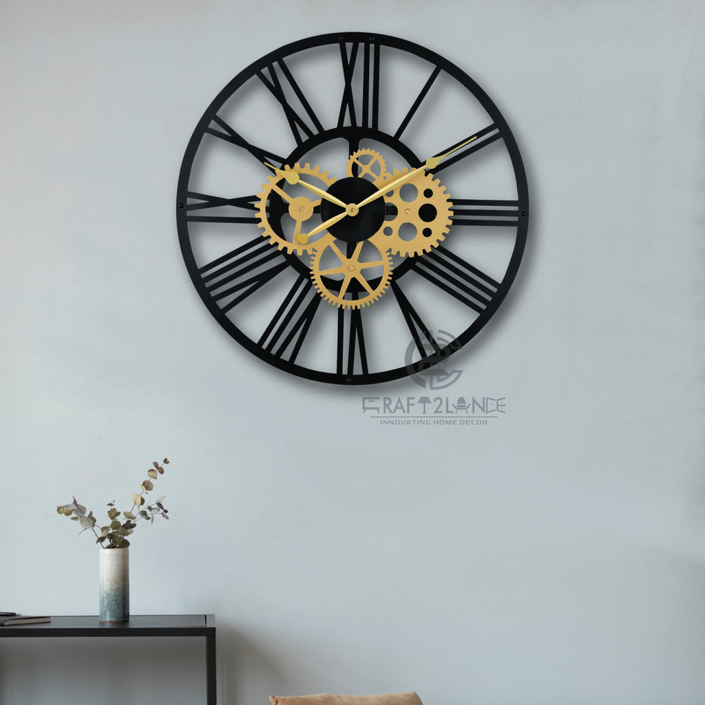 Golden Cogwheel Roman Numeral Clock